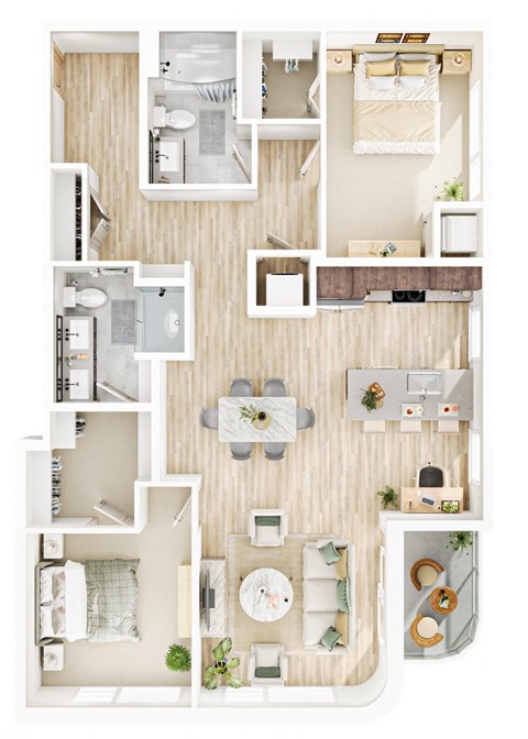 Floor plan for 2 beds, 2 baths, 1192 sqft